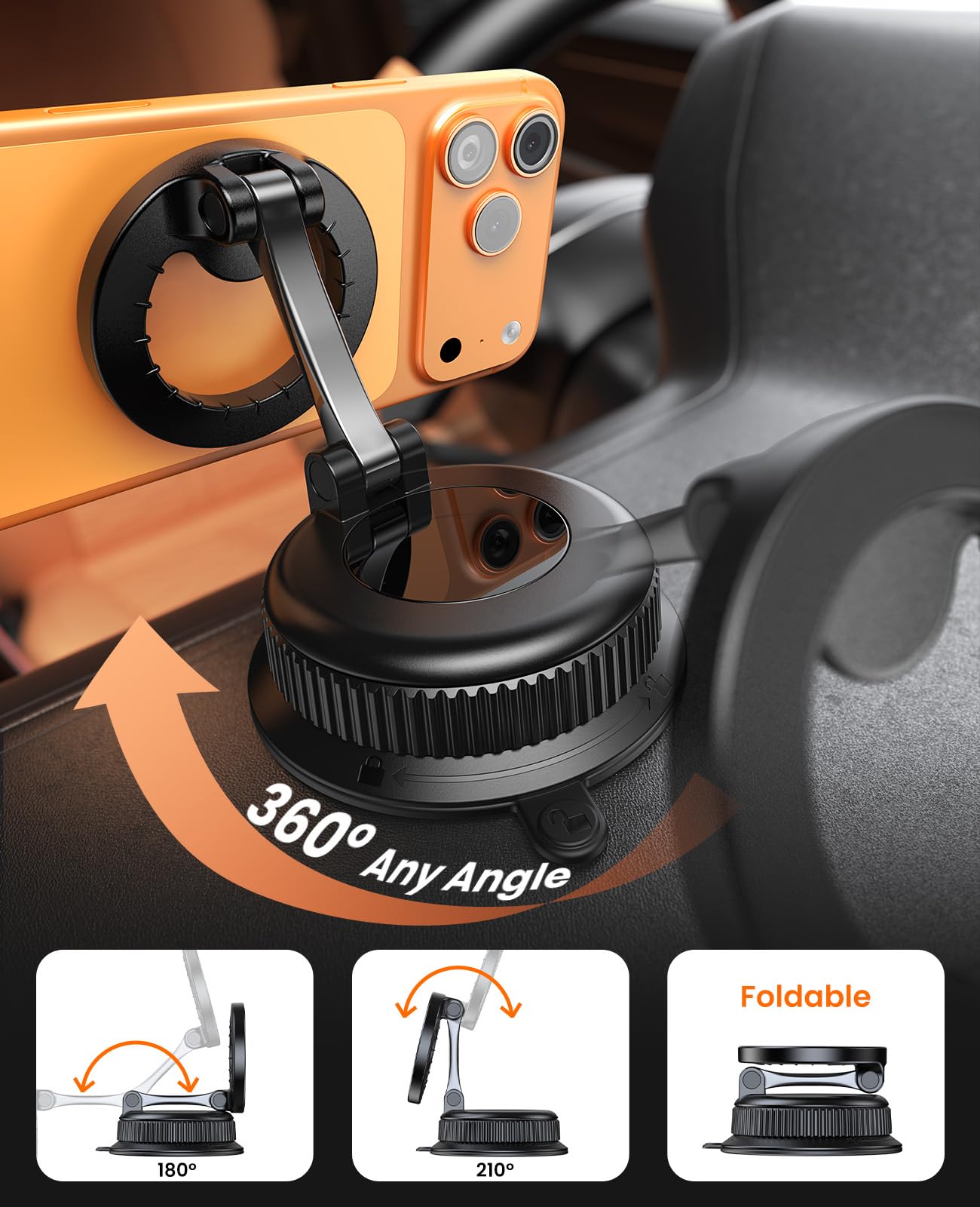 BOSILLEY Magnetic Car Phone Mount for MagSafe, Strong Suction Cup Phone Holder for Car Dashboard & Windshield, 360° Rotatable & Foldable, Adjustable Cell Phone Holder for Car, Fits iPhone 12–17 Series