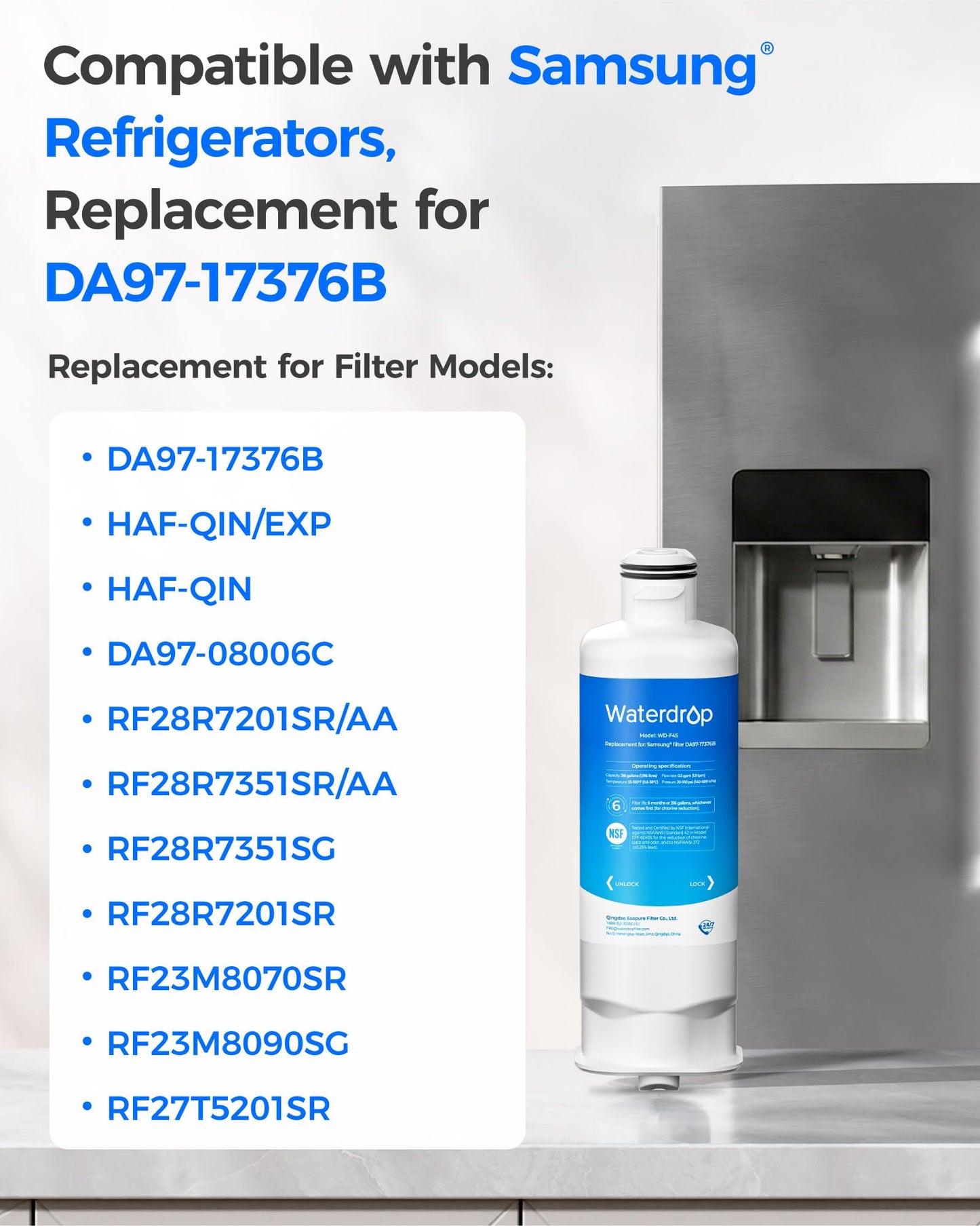 Waterdrop WD-F45 Replacement for Samsung® DA97-17376B, HAF-Qin/EXP, DA97-08006C, RF28R7201SR, RF28R7351SG, Refrigerator Water Filter, 3 Filters - Available at All In One Marketplace Canada