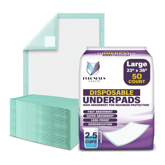 PureNexus Health Disposable Underpads 23" x 36", 50 Count – Absorbent Incontinence Bed Pads, Waterproof Pee Pads, Chux, Soaker Pads for Adults, Elderly & Kids, Mattress Protector - Available at All In One Marketplace Canada
