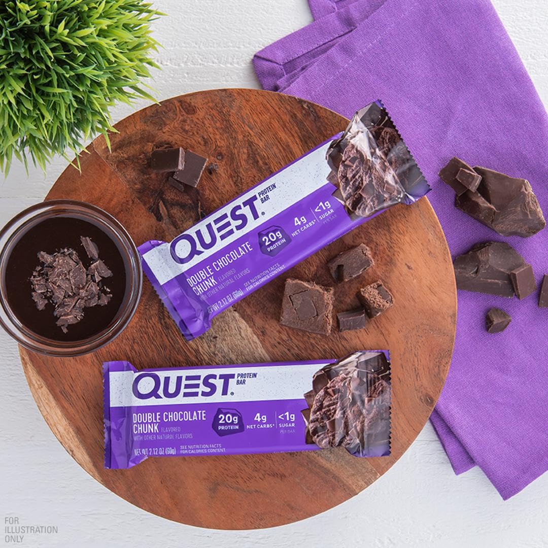 Quest Nutrition Double Chocolate Chunk Protein Bar, High Protein, High Fibre, Low Sugar, Keto Friendly, 20g Protein, 1g Sugar, 12ct Quest