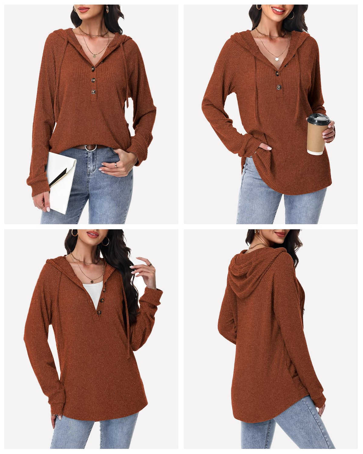 RIROW Womens Tops Long Sleeve Shirt Fuzzy Hoodies Sweater,Mixed Caramel,L 🍁 All In One Marketplace Canada