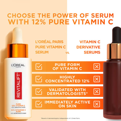 L'Oréal Paris 12% Pure Vitamin C Serum, Face Serum with Vitamin E & Salicylic Acid for Antioxidant Protection & Less Visible Pores, Revitalift Derm Intensives, 30mL - Available at All In One Marketplace Canada