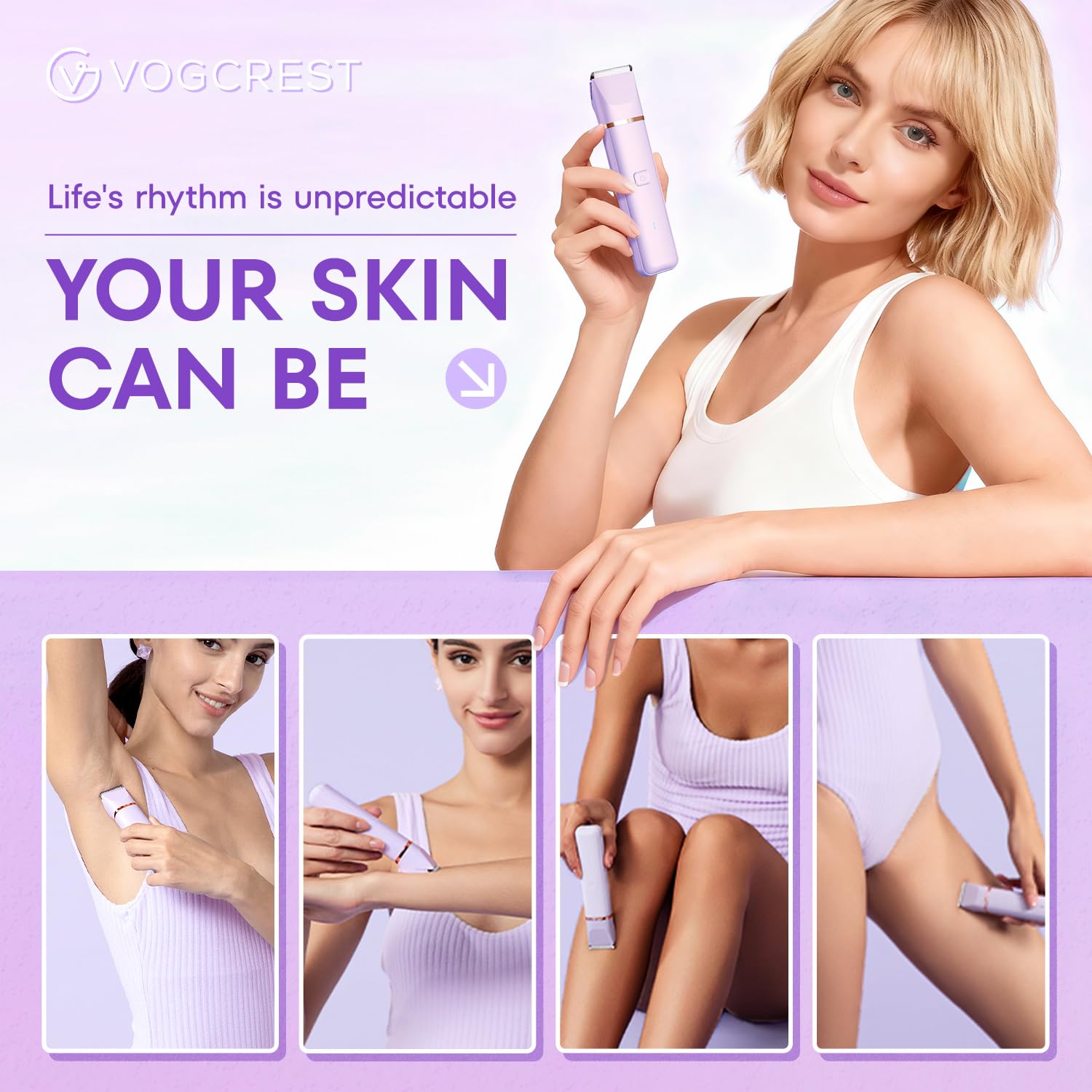 VG VOGCREST Bikini Trimmer for Women: 2-in-1 Painless Body Shaver for Underarm Leg Arm - Portable Travel Friendly Pubic Grooming Kit - Rechargeable Electric Razor with Charging Dock - Available at All In One Marketplace Canada