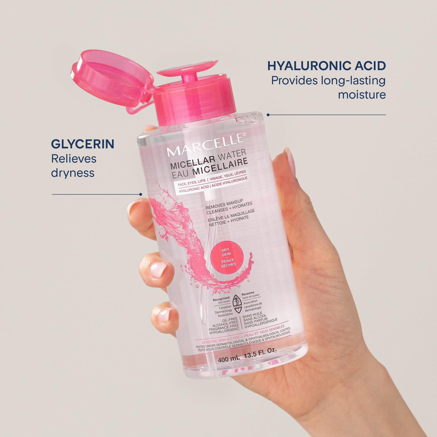 Marcelle Micellar Water, Dry + Sensitive Skin, with Hyaluronic Acid, Cleanses, Removes Makeup and Tones, Hypoallergenic, Oil-Free, Alcohol-Free, Fragrance-Free, Cruelty-Free, 400 mL MARCELLE