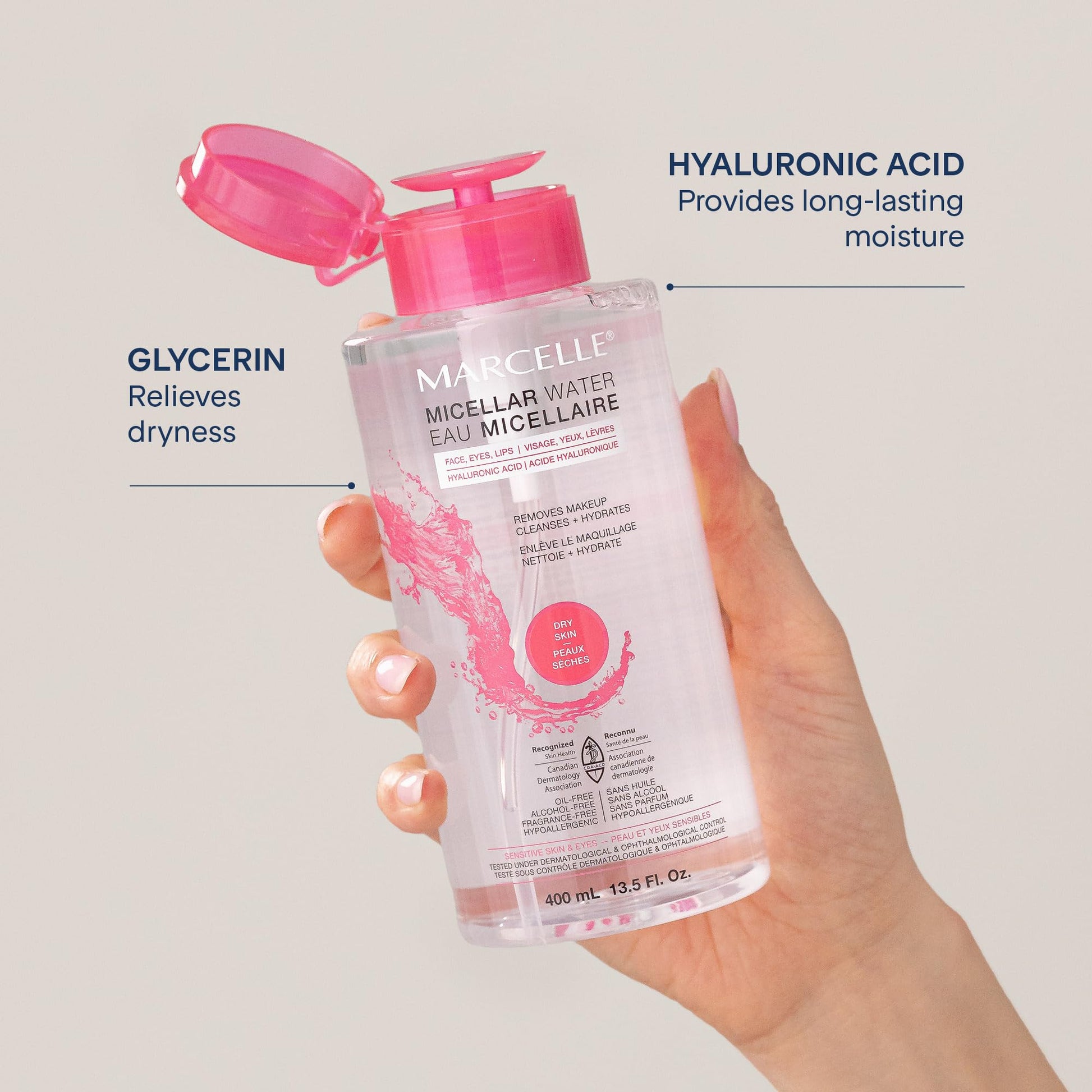 Marcelle Micellar Water, Dry + Sensitive Skin, with Hyaluronic Acid, Cleanses, Removes Makeup and Tones, Hypoallergenic, Oil-Free, Alcohol-Free, Fragrance-Free, Cruelty-Free, 400 mL MARCELLE