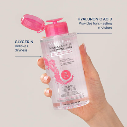 Marcelle Micellar Water, Dry + Sensitive Skin, with Hyaluronic Acid, Cleanses, Removes Makeup and Tones, Hypoallergenic, Oil-Free, Alcohol-Free, Fragrance-Free, Cruelty-Free, 400 mL MARCELLE