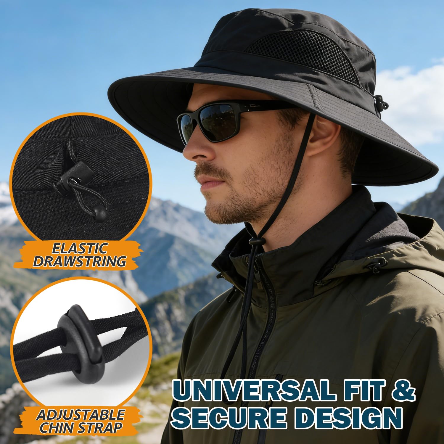 EINSKEY Sun Hat for Men/Women, Waterproof Wide Brim Bucket Hat UV Protection Boonie Hat for Fishing Hiking Garden Beach Black