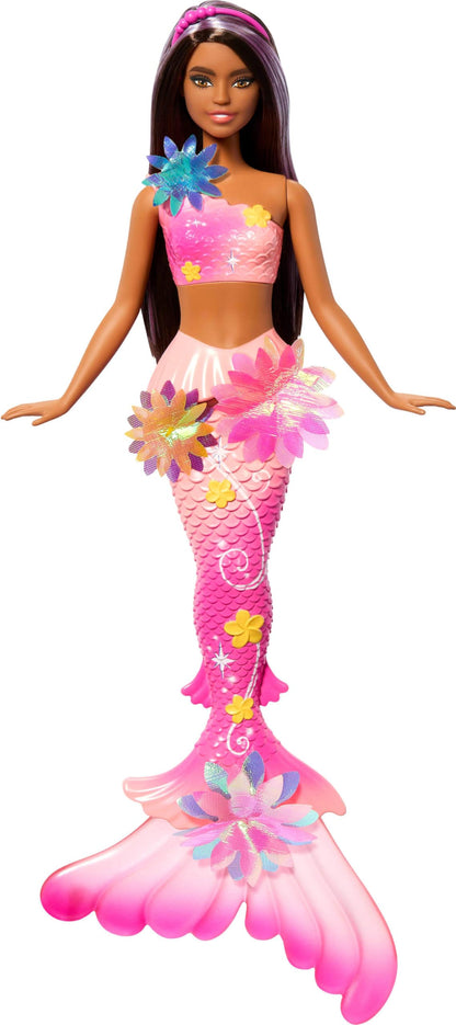 Barbie Mermaid Toy Dolls with Surprise Magic Blooming Flowers Feature, Ombre Tails, Pearl Headband Accessory & Long Brown Hair with Purple Highlights Barbie