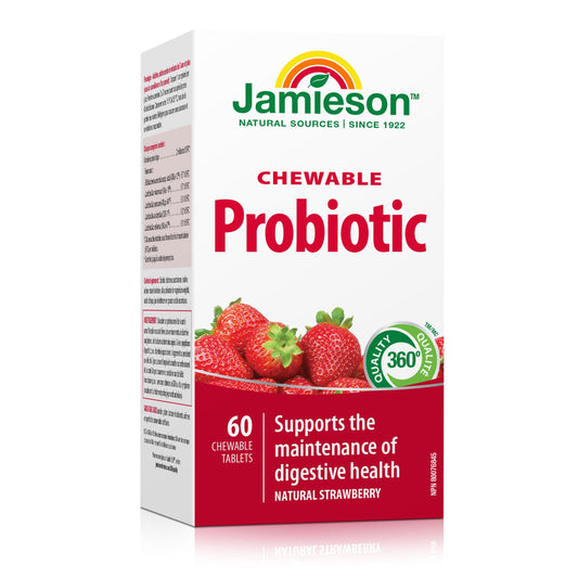 Jamieson Chewable Probiotic 2 Billion Active Cells Natural Strawberry Flavour, Family Friendly (3+), Supports Digestive Health. 5 Unique Strains, Including Lactobacillus and Bifidobacterium, Non-GMO, No Artificial Colours, Flavours, or Preservatives, 60 C - Available at All In One Marketplace Canada