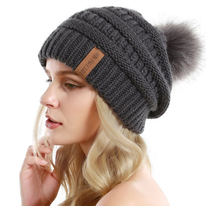 Queenfur Knit Slouchy Beanie for Women Thick Baggy Hat Faux Fur Pompom Winter Hat 🍁 All In One Marketplace Canada