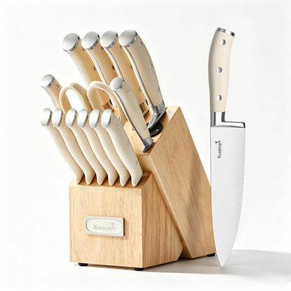 Kuisine Chef Knife Set,High Carbon Stainless Steel Ultra Sharp Blade Ergonomic Handle,Kitchen Knife Block Set with Built-in Sharpener, Elegant Gift for Holiday(Ivory Pro,15PCS) 🍁 All In One Marketplace Canada