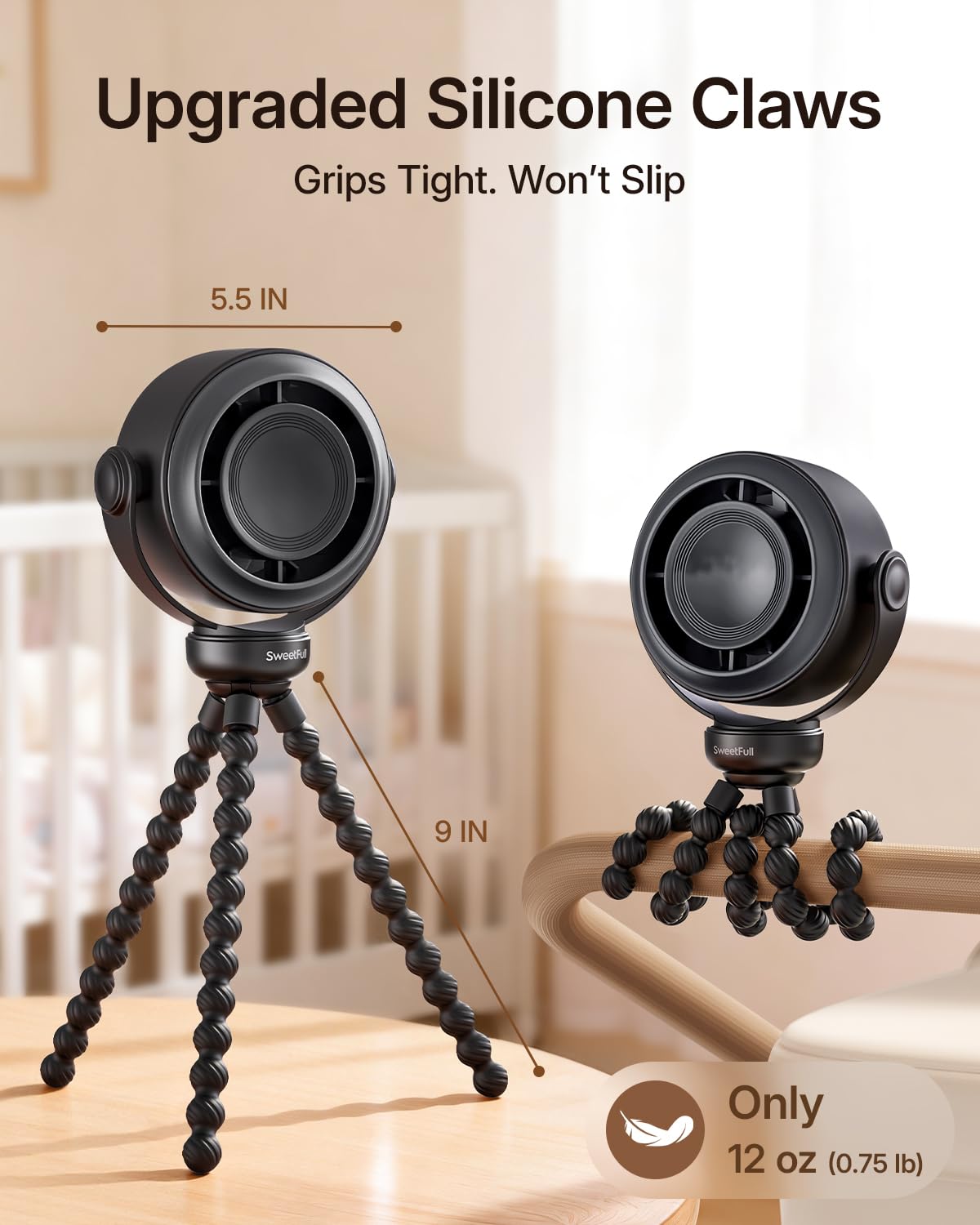 SWEETFULL Portable Stroller Fan, Pinch-Proof Baby Fan, 5-Speed Quiet Mini Clip on Fan, USB-C Rechargeable Battery, LED Display for Car Seat, Crib & Travel - Black