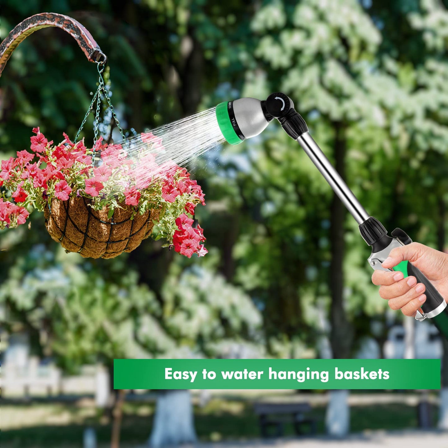 RESTMO Metal Watering Wand, Heavy Duty Garden Hose Wand with 180° Swivel Ratcheting Head, 16-Inch Hose Nozzle Sprayer with 7 Spray Patterns and Flow Control, Ideal to Water Hanging Baskets and Shrubs - Available at All In One Marketplace Canada