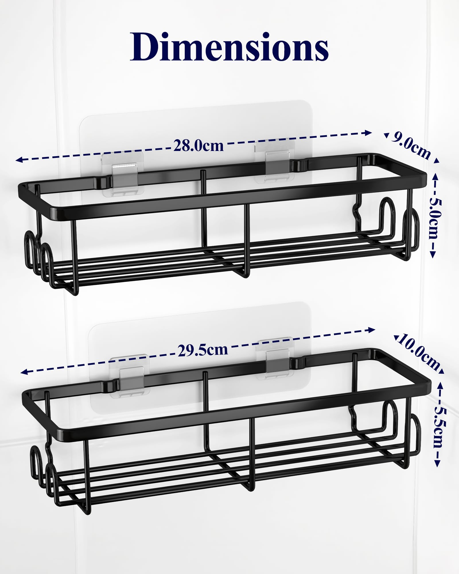 Kitsure Shower Caddy - 2 Pack Rustproof Stainless Steel Shower Organizer, No-Drill & Quick-Dry Shelves with Large Capacity, Durable Rack with 4 Hooks, Large, Black - Available at All In One Marketplace Canada