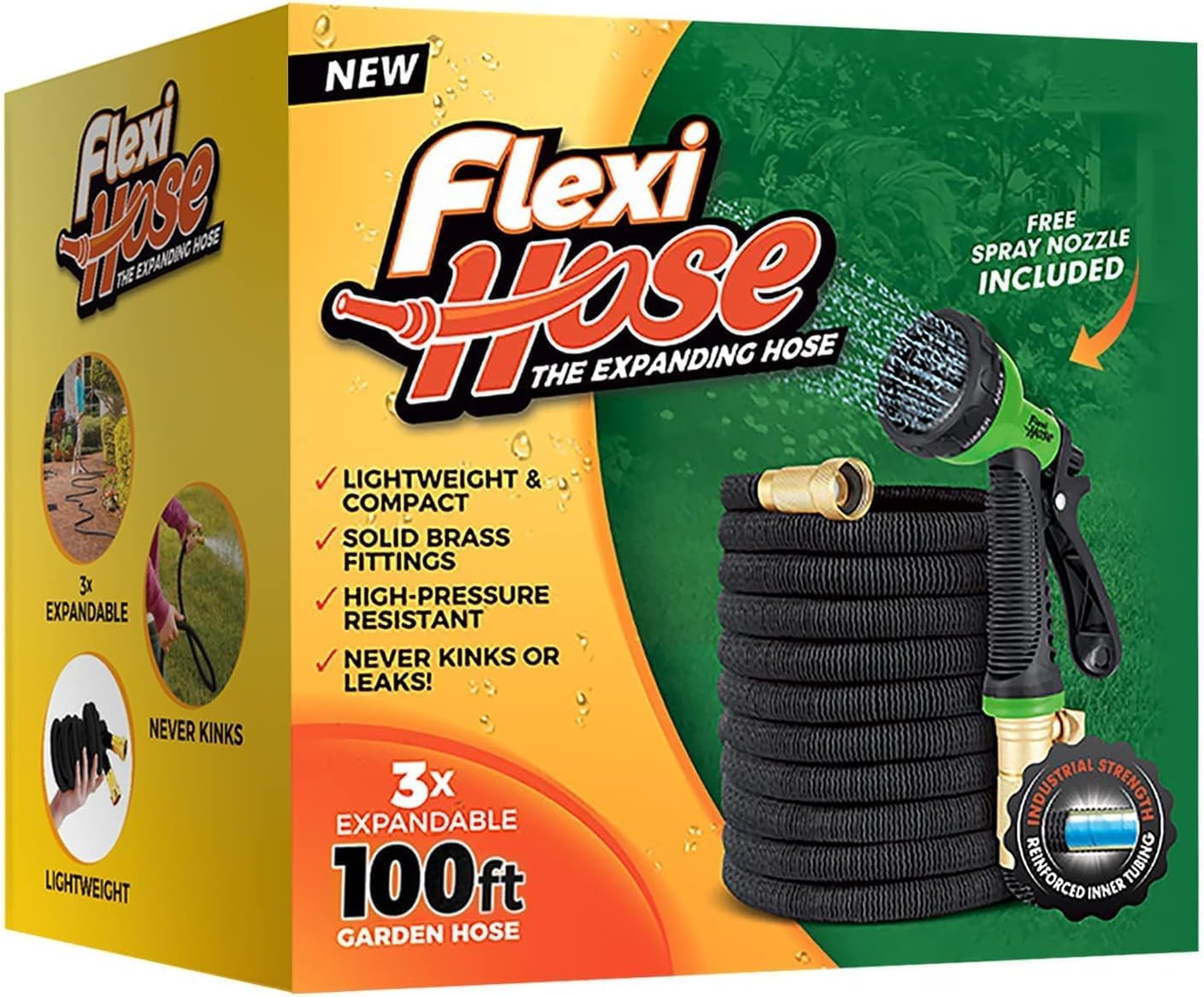 Flexi Hose Expandable Garden Hose, Lightweight & No-Kink Flexible Garden Hose, 3/4 inch Solid Brass Fittings and Double Latex Core, 100 ft Black