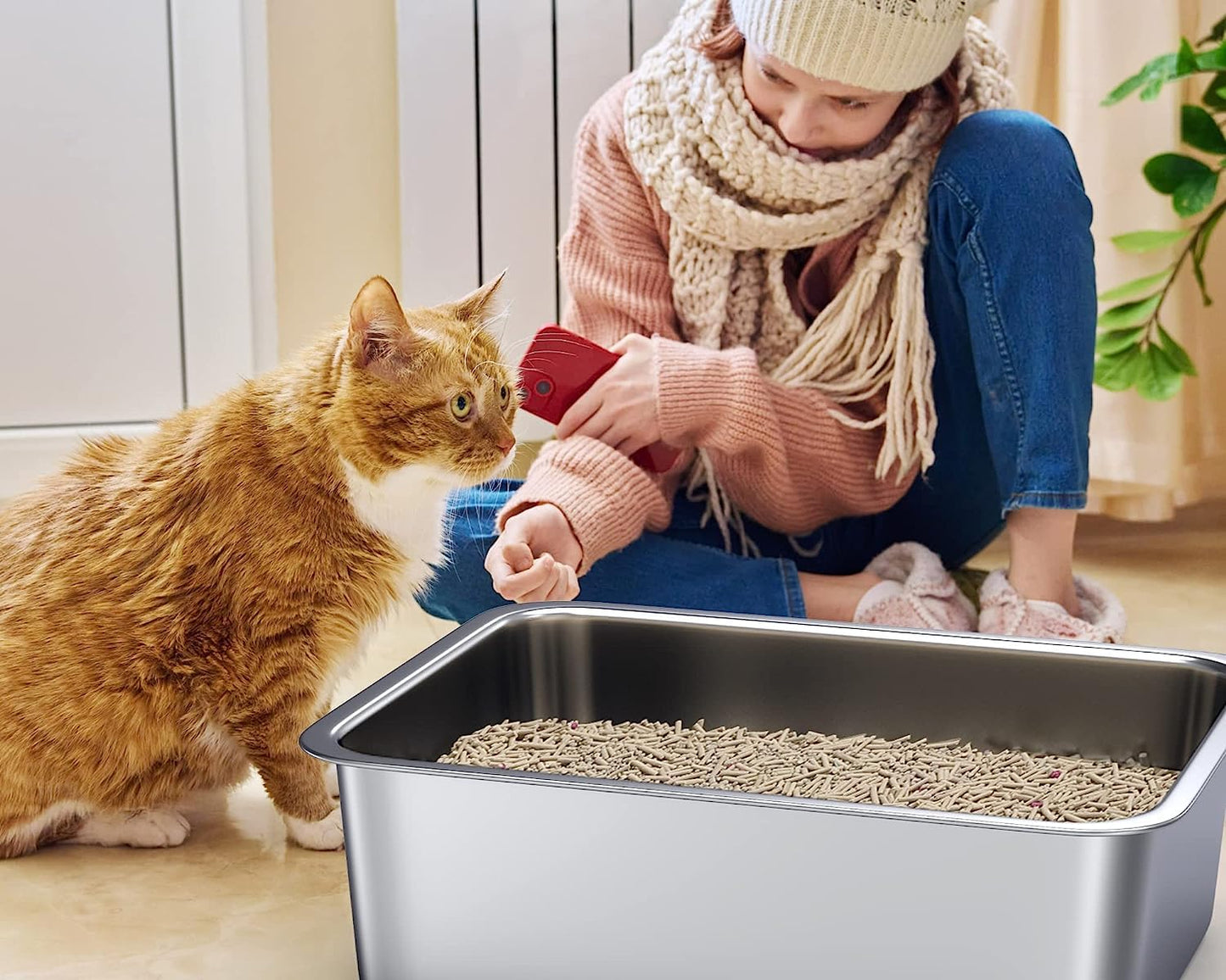 ZuHucpts Stainless Steel Cat Litter Box, Large Metal Litter Pan for Cats (20" Lx14 Wx6 H)