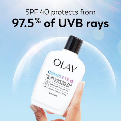 Olay Complete+ Face Moisturizer with Sunscreen SPF 40, For Sensitive Skin, Broad Spectrum Sun Protection, Fragrence-Free - No White Cast on All Tones, Nourishes Moisture Barrier - Ceramides, 177 mL - Available at All In One Marketplace Canada