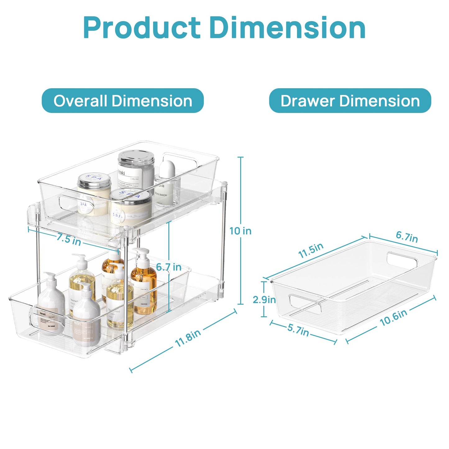 2 Tier Bathroom Storage Organizer, Vtopmart 4 Pack Clear Under Sink Organizers Vanity Counter Storage Container, Medicine Cabinet Drawers Bins, Pull-Out Organization with Track for Pantry, Kitchen