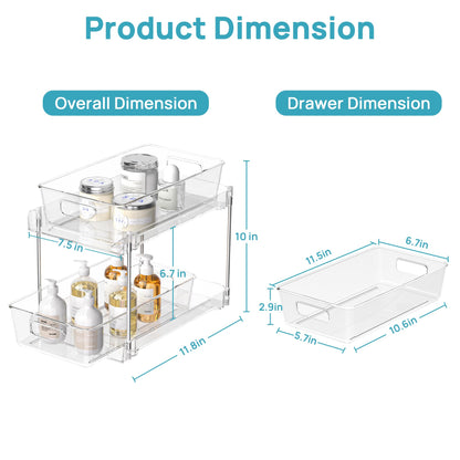 2 Tier Bathroom Storage Organizer, Vtopmart 4 Pack Clear Under Sink Organizers Vanity Counter Storage Container, Medicine Cabinet Drawers Bins, Pull-Out Organization with Track for Pantry, Kitchen
