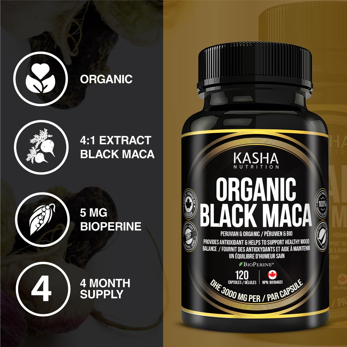 Organic Black Maca for Men & Women DHE 3000mg (Industry Strongest) with 5mg Bioperine per Capsule - Organic Gelatinized Maca for all Genders | 750 mg 4:1 Extract Maca Root / Maca Powder | Proudly Canadian | 4 Month Supply, Non-GMO, Vegan, Gluten Free, Soy - Available at All In One Marketplace Canada