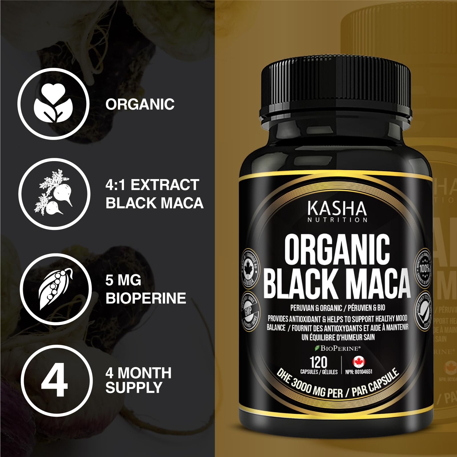 Organic Black Maca for Men & Women DHE 3000mg (Industry Strongest) with 5mg Bioperine per Capsule - Organic Gelatinized Maca for all Genders | 750 mg 4:1 Extract Maca Root / Maca Powder | Proudly Canadian | 4 Month Supply, Non-GMO, Vegan, Gluten Free, Soy - Available at All In One Marketplace Canada