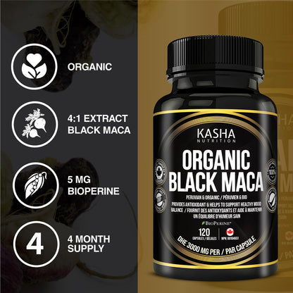 Organic Black Maca for Men & Women DHE 3000mg (Industry Strongest) with 5mg Bioperine per Capsule - Organic Gelatinized Maca for all Genders | 750 mg 4:1 Extract Maca Root / Maca Powder | Proudly Canadian | 4 Month Supply, Non-GMO, Vegan, Gluten Free, Soy - Available at All In One Marketplace Canada