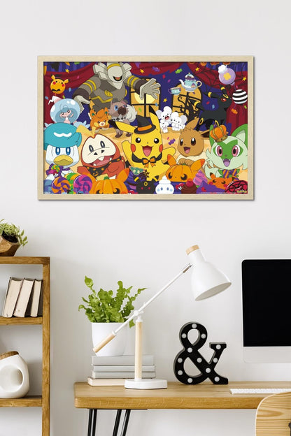 Pokémon : Fête d'Halloween - Affiche murale de groupe, 34 po L x 22,4 po l, version avec cadre blond