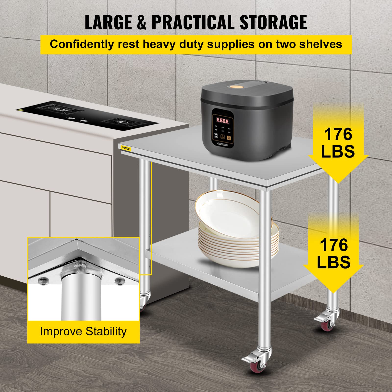 VEVOR 36x24x33.5 inch Stainless Steel Work Table with Wheels Prep Table with casters Heavy Duty Work Table for Commercial Kitchen Restaurant Business Garage 350 lb Capacity VEVOR