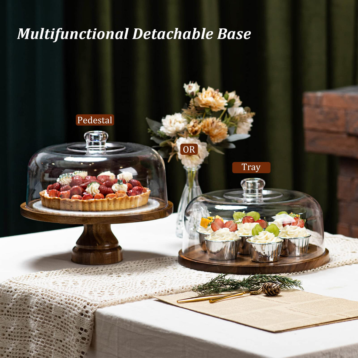 ANBOXIT Cake Stand with Dome Lid, Acacia Wood Cake Plate with Cover, Wooden Cake Display Stand with Acrylic Dome - Footed 🍁 All In One Marketplace Canada