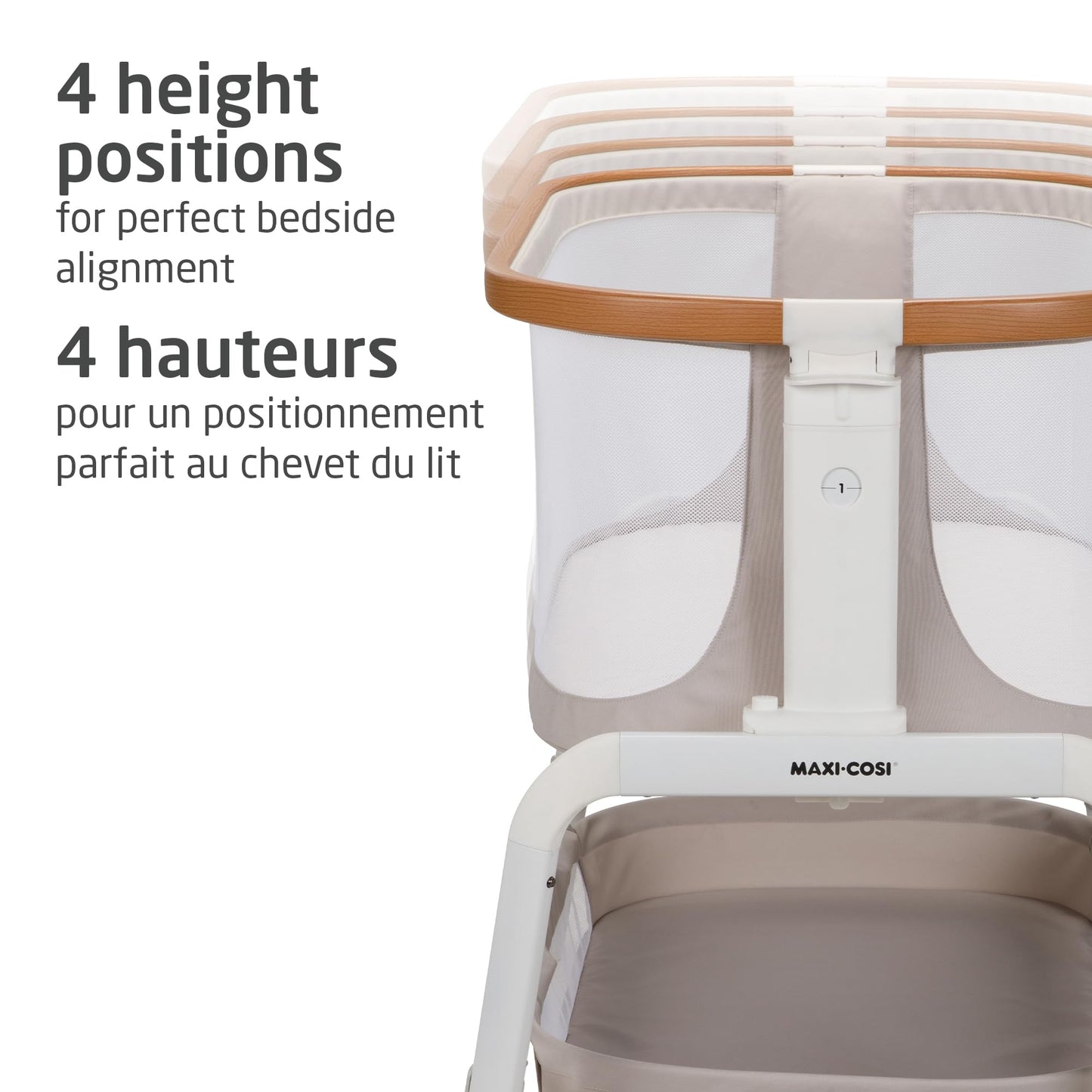 Maxi-Cosi Iora Bedside Bassinet , infant bedside sleeper crib, 4 height positions, portable & folds flat, large storage basket, includes travel bag, Horizon Sand Maxi-Cosi
