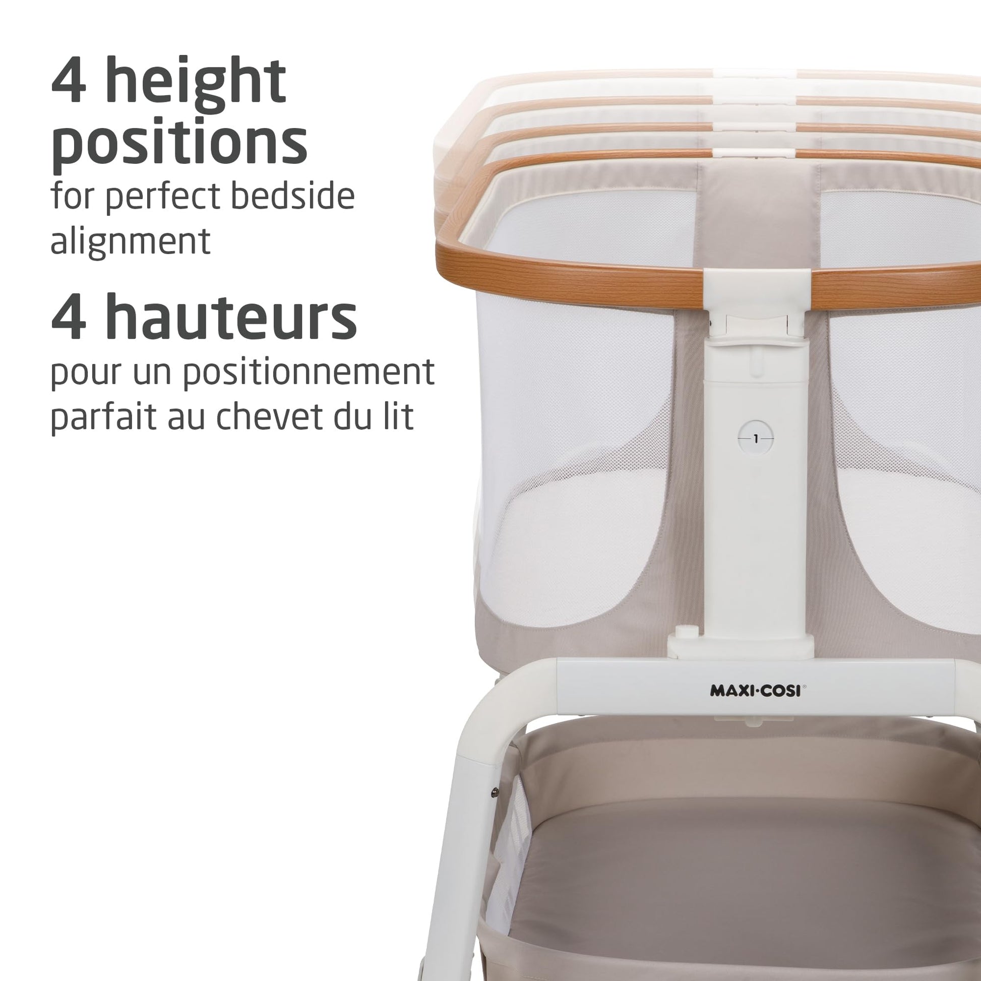 Maxi-Cosi Iora Bedside Bassinet , infant bedside sleeper crib, 4 height positions, portable & folds flat, large storage basket, includes travel bag, Horizon Sand Maxi-Cosi