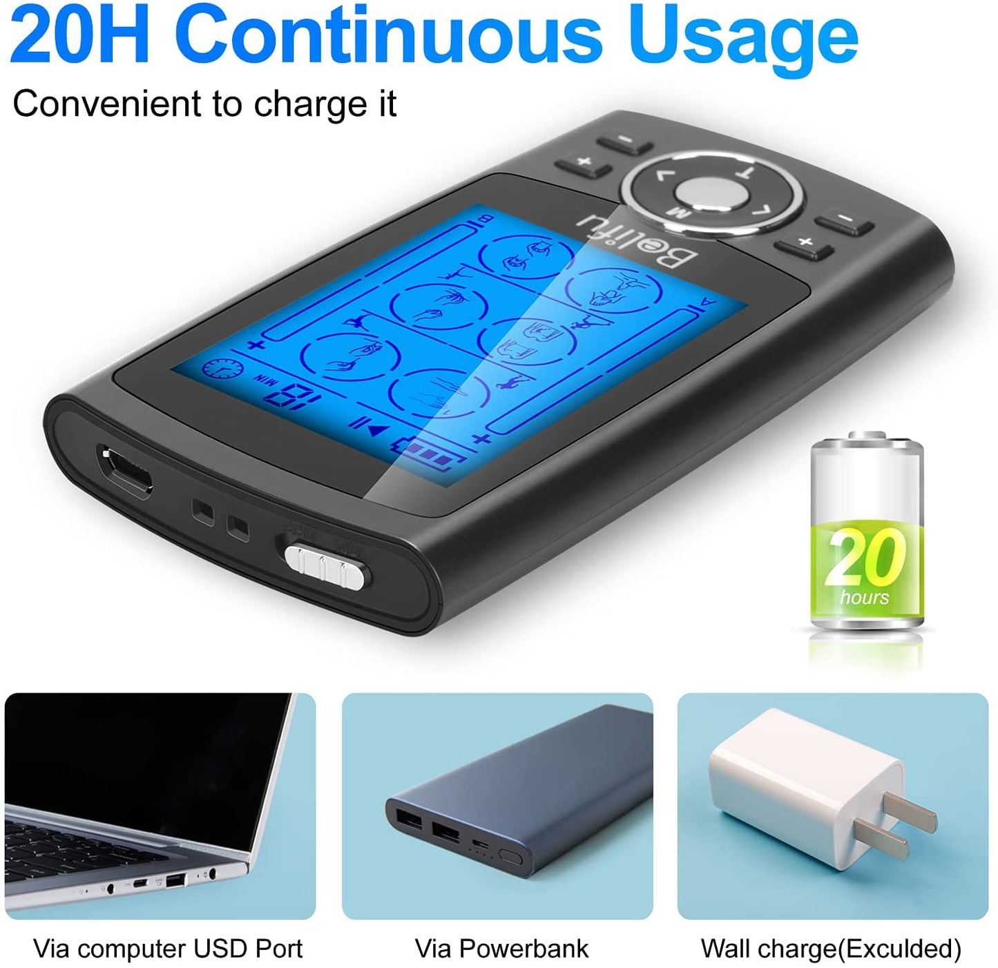 Belifu Dual Channel TENS EMS Unit 24 Modes Muscle Stimulator for Pain Relief Therapy, Electronic Pulse Massager Muscle Massager with 10 Pads, Dust-Proof Drawstring Storage Bag，Fastening Cable Ties - Available at All In One Marketplace Canada