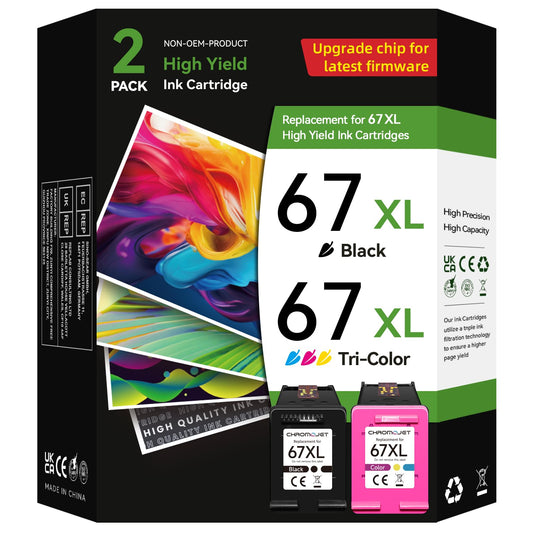 Chromojet 67XL Ink Cartridges Black/Color Combo Pack Compatible for HP Ink 67 67XL Printer Ink 67 Fit for DeskJet 4155e 2855e 2755e 2700 2700e 2800e 4100 Envy 6055e 6455e 6000 6400 Printer