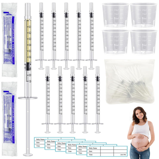 50 Pcs Colostrum Collector Set 1ml Breast Milk Collector Milk Catcher with 60 Stickers 1 Collection Bag and 4Pcs 20ml Measuring Cups Colostrum Collection Gift Set Colostrum Harvesting Kit for Breastfeeding
