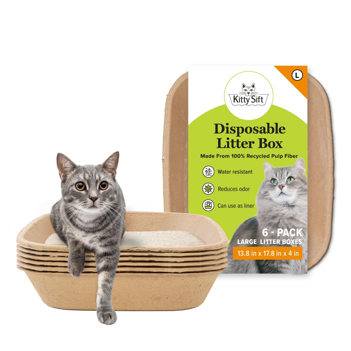 Kitty Sift Disposable Cat Litter Box Large, 6 Count, Durable Portable for Travel and Home, Eco-Friendly Disposable Litter Box Controls Odor Kitty Sift