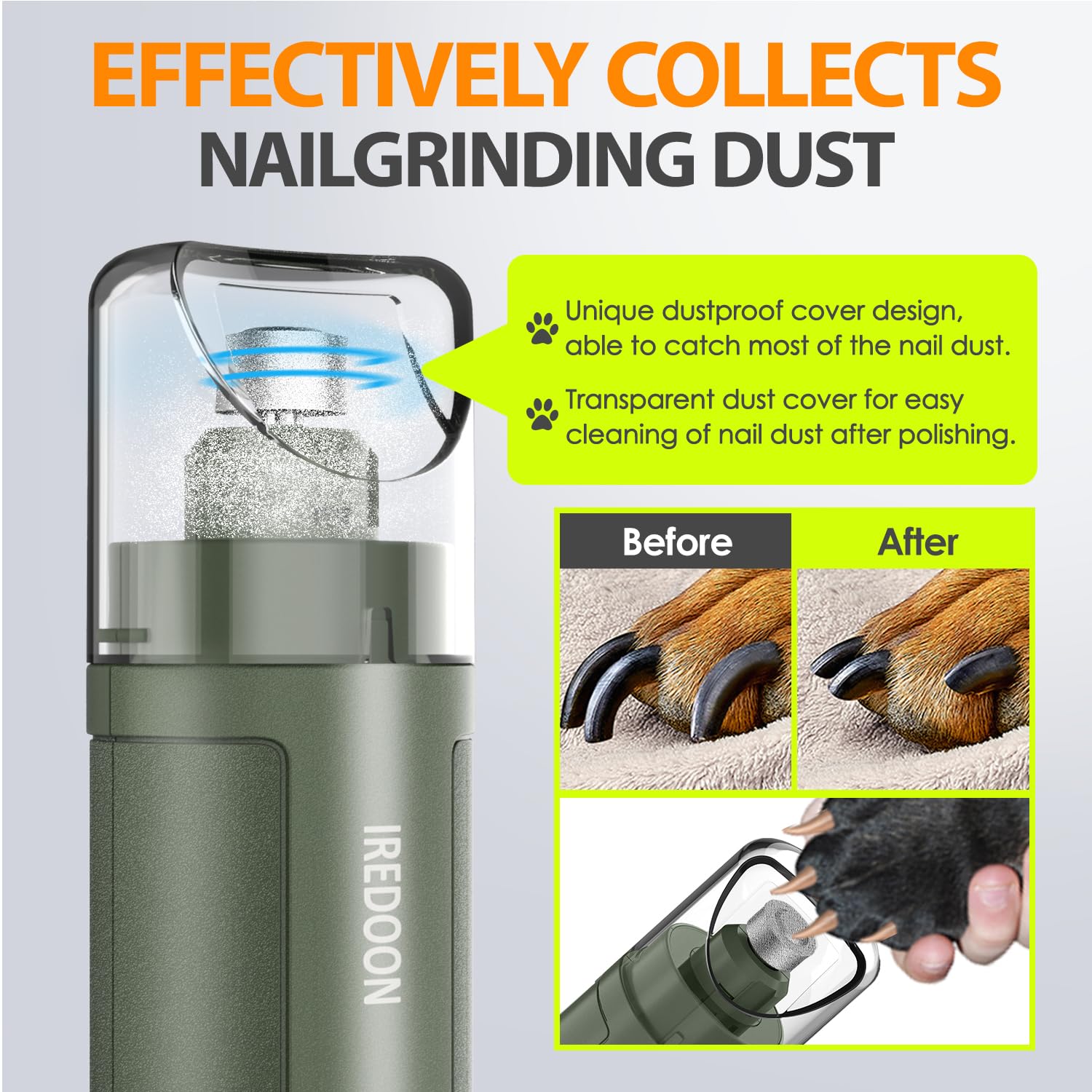 IREDOON Dog Nail Grinder Upgraded - Professional 3-Speed Super Quiet and Low Vibration Electric Pet Nail Grinder with 4 LED Lights - Painless Paws Grooming & Smoothing for Small to Large Dogs (Green)