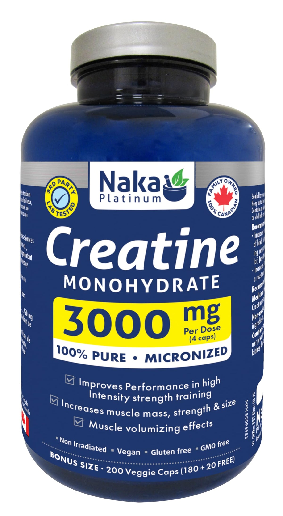 Naka Platinum Creatine Monohydrate Capsules — 100% Pure Micronized — 3g Per Dose — Supplement for Muscle Growth, Increased Strength, Enhanced Energy and Improved Athletic/Sports Performance — Vegan, Gluten-Free, Made in Canada — 50 servings — 200 vcaps