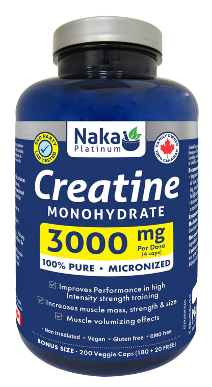 Naka Platinum Creatine Monohydrate Capsules — 100% Pure Micronized — 3g Per Dose — Supplement for Muscle Growth, Increased Strength, Enhanced Energy and Improved Athletic/Sports Performance — Vegan, Gluten-Free, Made in Canada — 50 servings — 200 vcaps