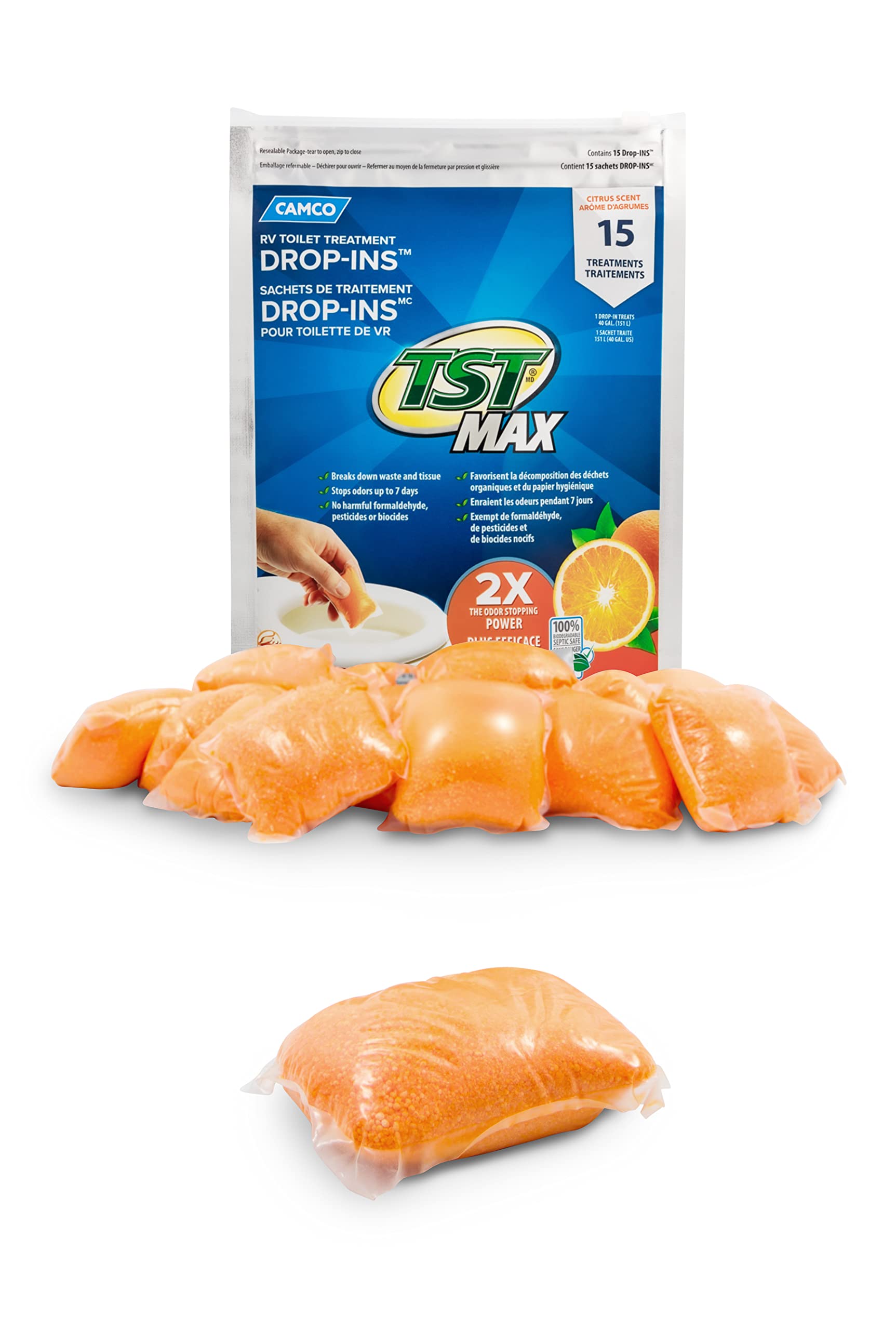 Camco TST MAX Camper/RV Toilet Treatment Drop-INs - Control Unwanted Odors and Break Down Waste and Tissue - Safe Septic Tank Treatment - Orange Scent, 15-Pack (41180)