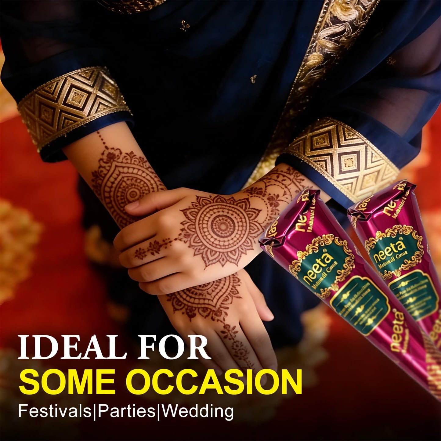 4 Pack Natural Mehendi Cone Henna Paste Temporary Tattoo Paste with 8pcs Tattoo Stencils| Each cone 25 grams | Indian Body Art Painting Drawing Tattoos Freckles (Reddish Brown Color)