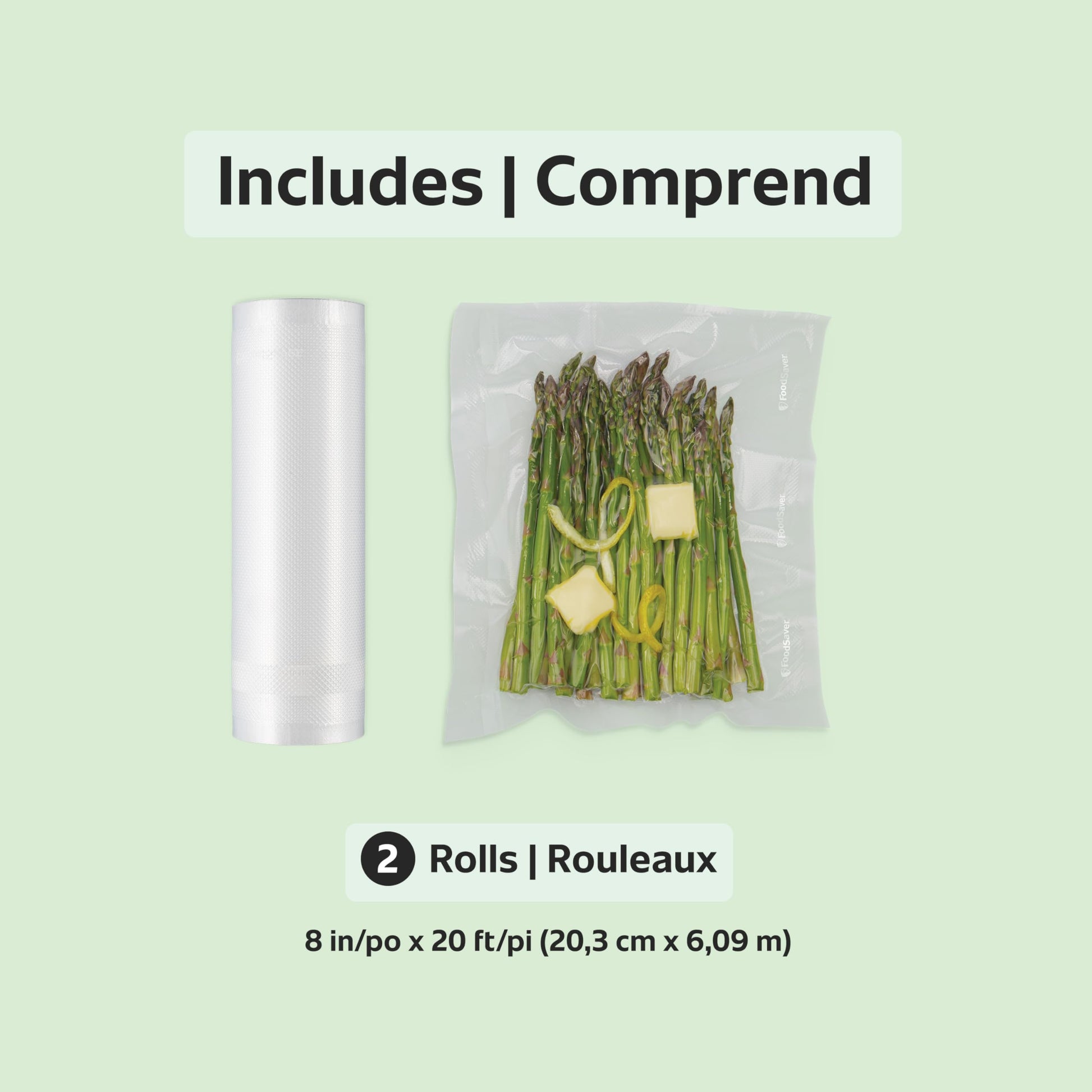 FoodSaver Vacuum Sealer Rolls for Custom Length Airtight Food Storage and Sous Vide Bags, BPA-Free, 8" x 20', 2 Pack - Available at All In One Marketplace Canada