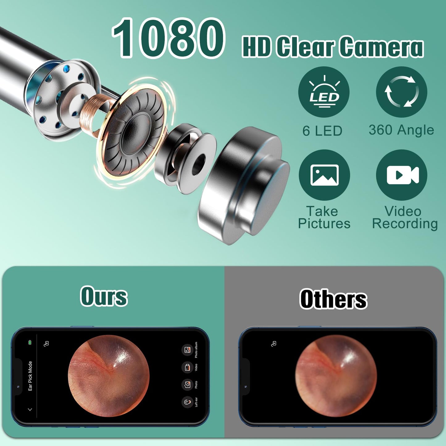 LMECHN Ear Wax Removal, Ear Cleaner with 7 Pcs Ear Set, Ear Wax Removal Tool Camera with 1080P Ear Otoscope & 6 LED Lights, Wireless Ear Pick for Ear Cleaning with 6 Ear Spoons Black
