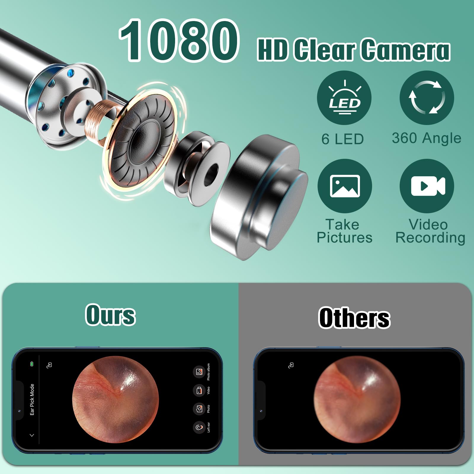 LMECHN Ear Wax Removal, Ear Cleaner with 7 Pcs Ear Set, Ear Wax Removal Tool Camera with 1080P Ear Otoscope & 6 LED Lights, Wireless Ear Pick for Ear Cleaning with 6 Ear Spoons Black