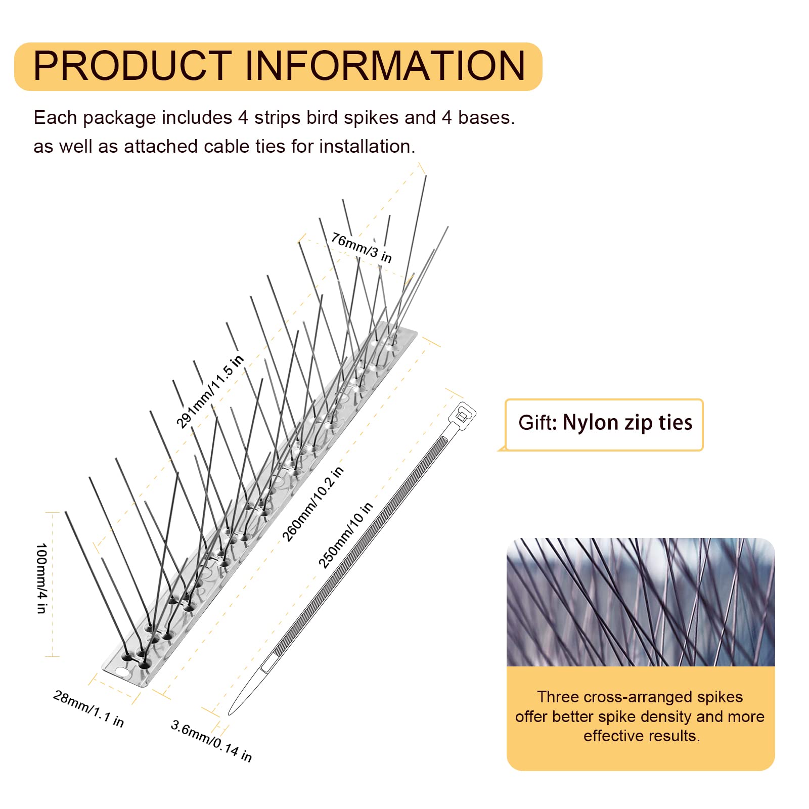 OFFO Bird Spikes with Stainless Steel Base, Durable Bird Repellent Spikes Arrow Pigeon Spikes Fence Kit for Deterring Small Bird, Crows and Woodpeckers, Covers 3.4 Feet(1.04m)