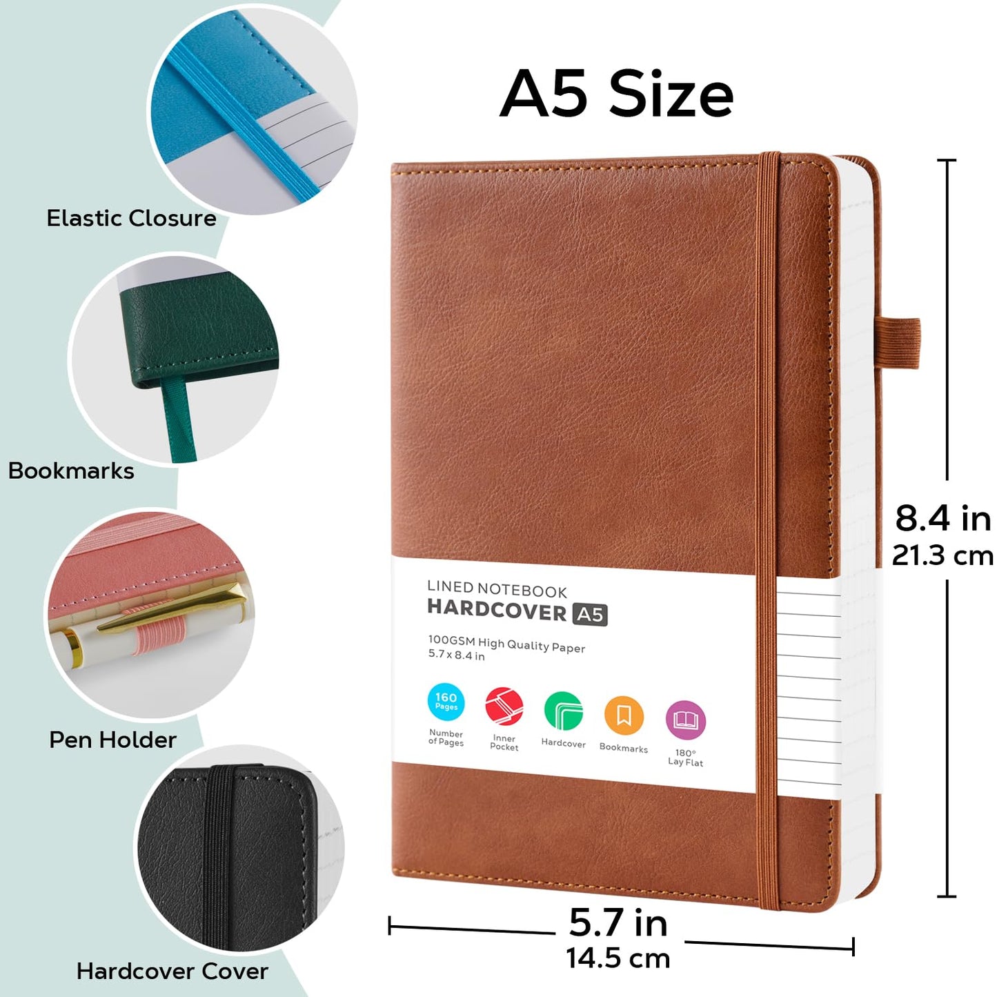 2 Pack Journal Notebook, Hardcover A5 Diary Journal for Women/Men Work, Leather Notebooks for School Supplies, 100GSM Lined Paper, No Bleed, Inner Pocket, Brown Black