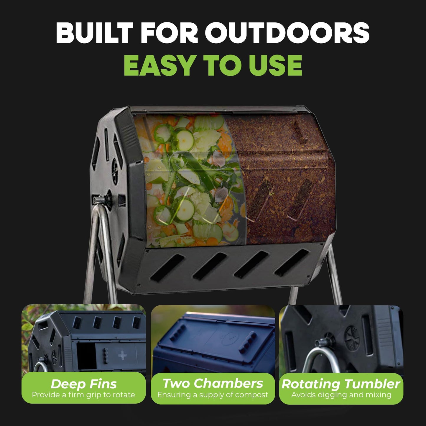 FCMP Outdoor IM4000 Dual Chamber Tumbling Composter Canadian-Made, 100% Recycled Resin - Outdoor Rotating Compost Tumbler Bin for Garden, Kitchen, and Yard Waste, Black (37 Gallon) FCMP Outdoor