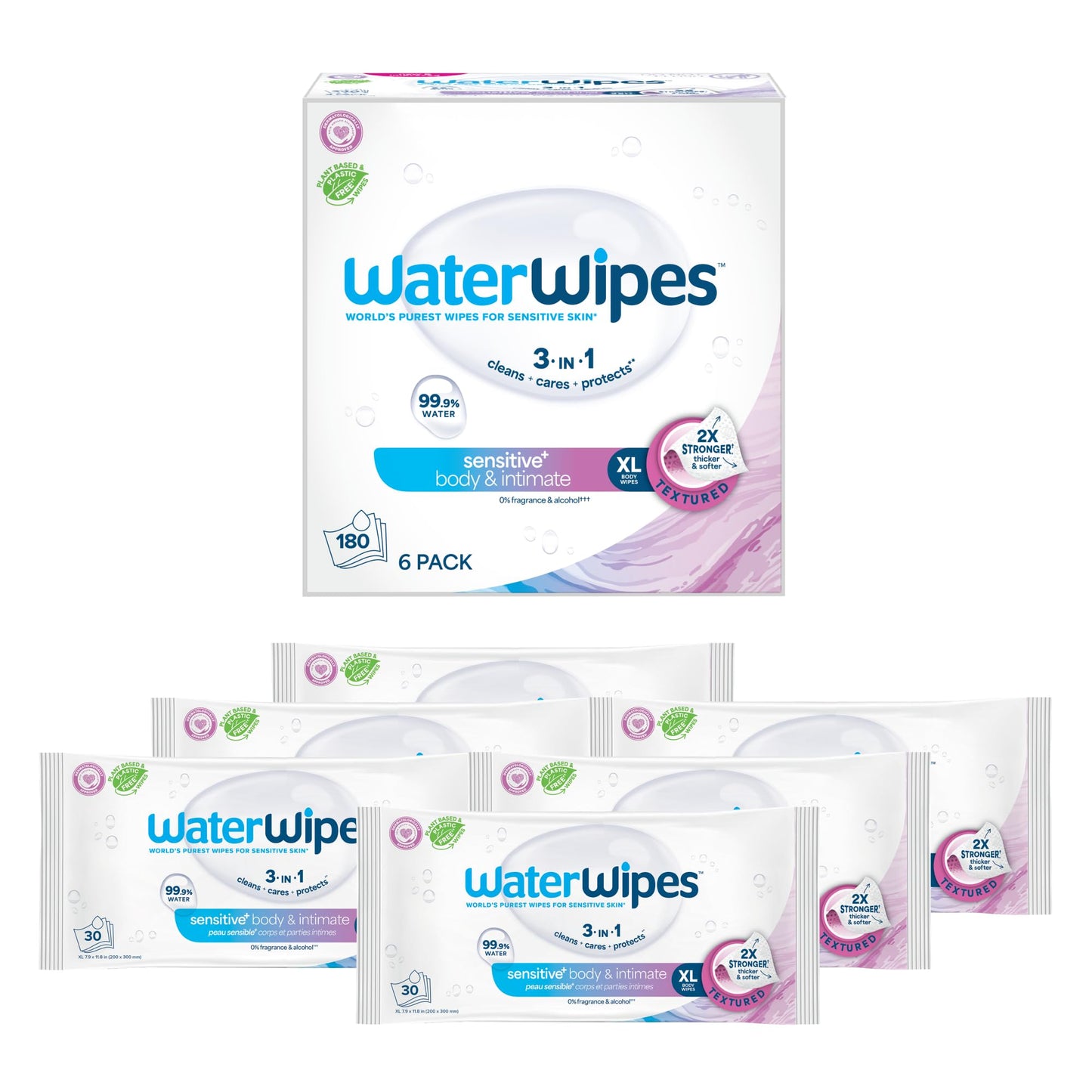 WaterWipes Sensitive+ Body & Intimate Wipes, 3-In-1 Cleans, Cares, Protects, 99.9% Water, Unscented & Hypoallergenic Hygiene Wet Wipes, Adult Care, 90 Wipes (3 Packs) WaterWipes