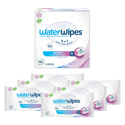 WaterWipes Sensitive+ Body & Intimate Wipes, 3-In-1 Cleans, Cares, Protects, 99.9% Water, Unscented & Hypoallergenic Hygiene Wet Wipes, Adult Care, 90 Wipes (3 Packs) WaterWipes