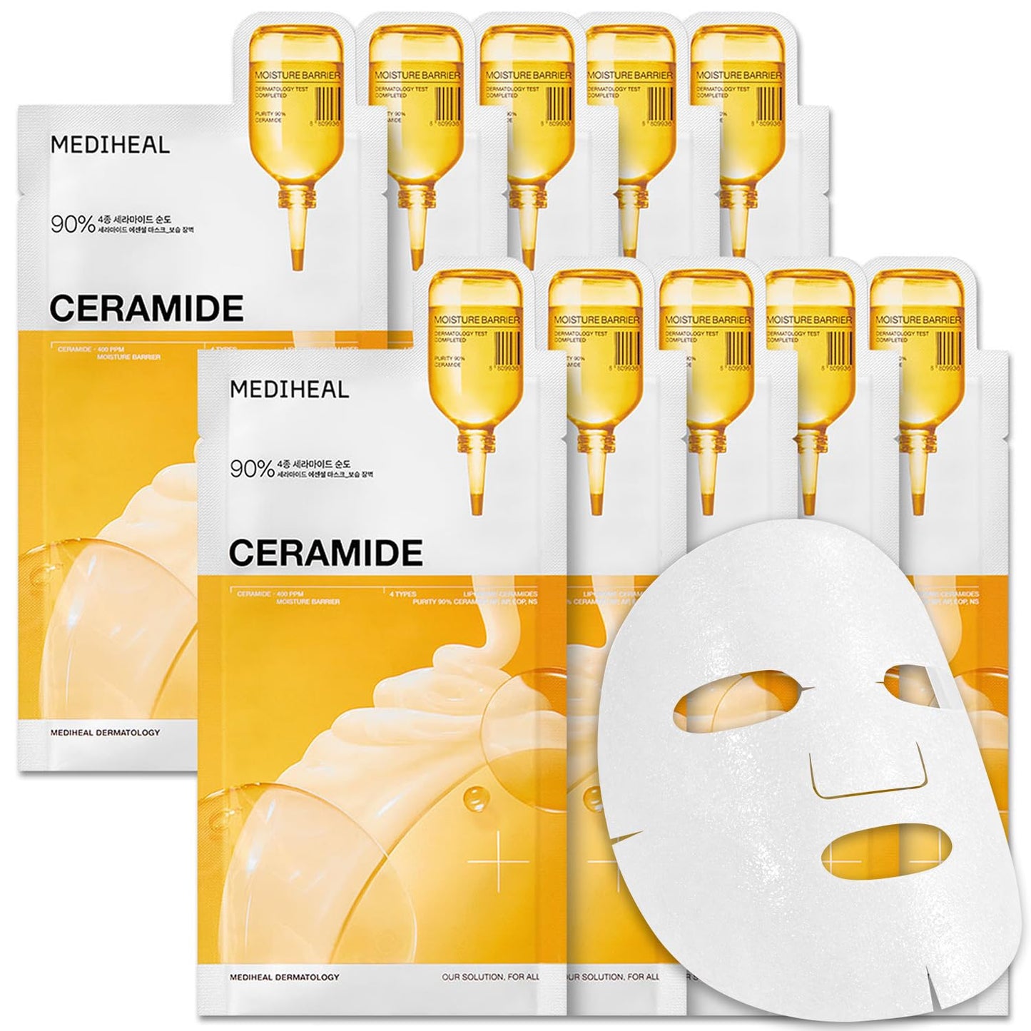 MEDIHEAL Ceramide Essential Face Mask - Moisturizing, Barrier Repair with Panthenol & Adenosine for Intense Hydration for Dry & Sensitive Skin, Face Mask for Women, Vegan, Korean Skincare (10 Sheets)