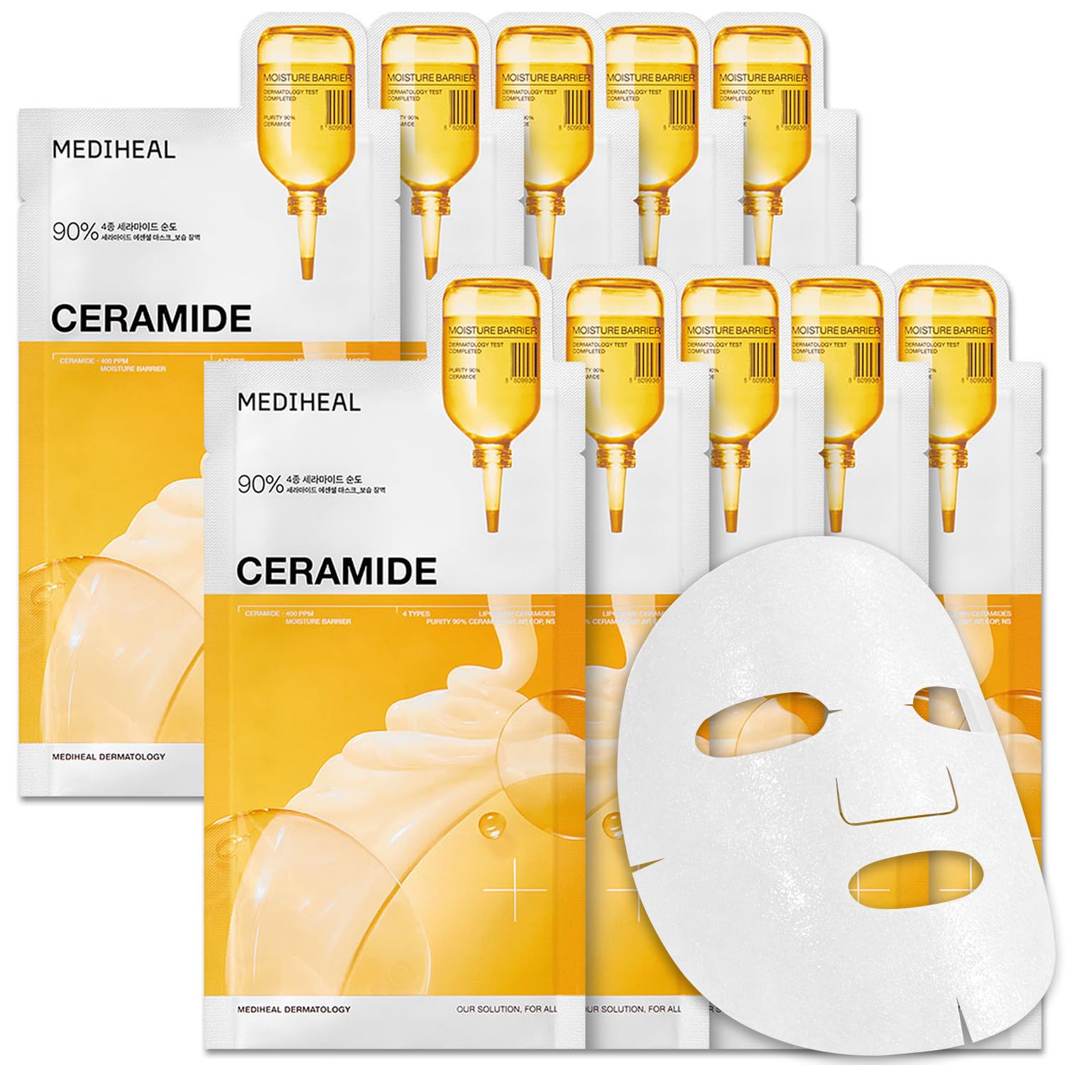 MEDIHEAL Ceramide Essential Face Mask - Moisturizing, Barrier Repair with Panthenol & Adenosine for Intense Hydration for Dry & Sensitive Skin, Face Mask for Women, Vegan, Korean Skincare (10 Sheets)